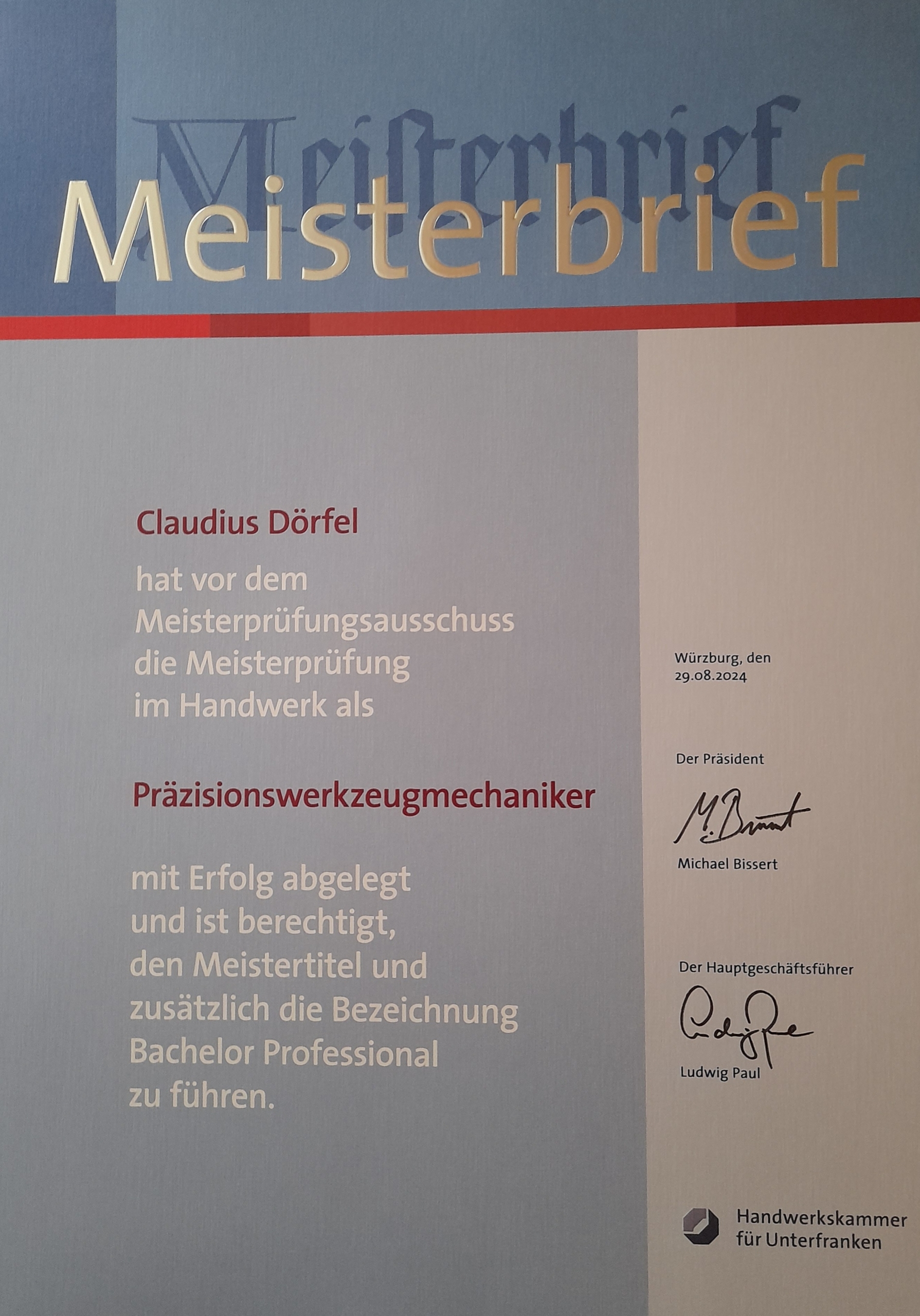 Meisterbrief Claudius Dörfel